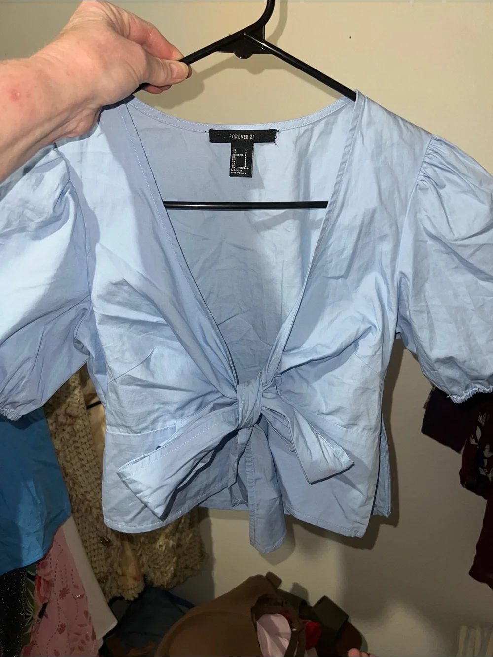 Forever 21 Poplin Light Blue Bow-Front Puff Sleeve Crop Top